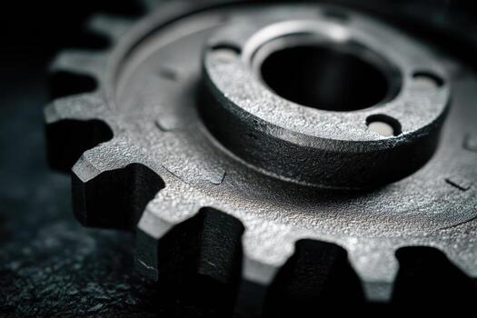 Close-up detail of a metal gear showing intricate textures and design elements photo