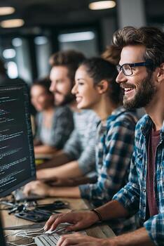 Smiling Bearded Man Coding with Diverse Team in Modern Tech Office photo