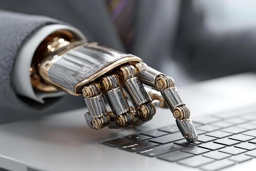 de cerca de un metálico robot mano en un negocio traje mecanografía en un computadora teclado. foto