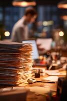 apilar de documentos en escritorio con persona trabajando a computadora foto