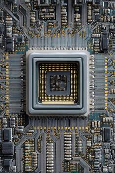 The Technological Heart, Symmetrical Macro View of a CPU on an Intricate Circuit Board photo