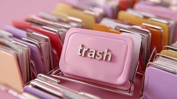 pastel archivo enfocar, un rosado carpeta con reluciente cromo 'basura' letras. foto