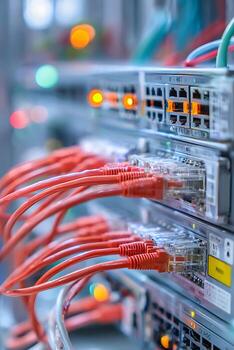 Close-up of red Ethernet cables connected to a network switch in a data center, with glowing lights. photo