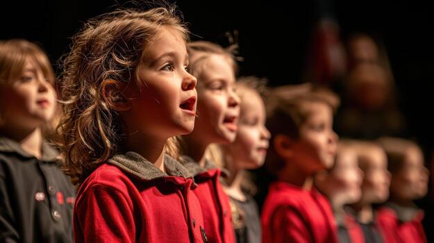 Children Singing on Stage with Emotion and Expressive Faces photo