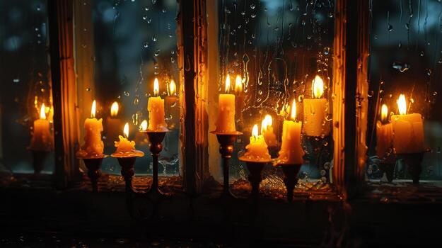 Candles Glowing Behind Rainy Window Creating Cozy Atmosphere at Night photo
