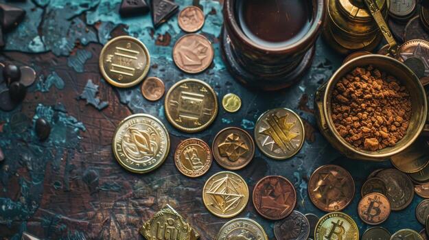 Collection of Various Coins and Tokens on Rustic Wooden Surface photo