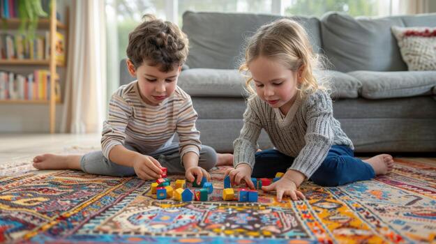 Children Playing with Colorful Building Blocks on Cozy Carpet photo
