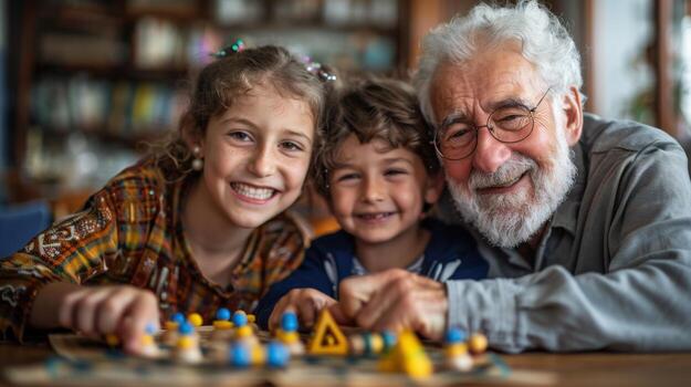 Joyful Family Gathering Around a Board Game on a Cozy Table photo