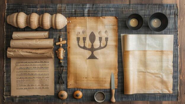 Antique Jewish Artifacts and Scrolls on Wooden Table Surface photo