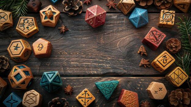 Wooden Dice Arrangement on Rustic Table Surrounded by Natural Elements photo