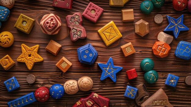Colorful Game Tokens and Dice on Rustic Wooden Tabletop Display photo