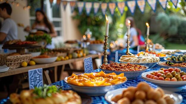 A buffet table with food and candles photo