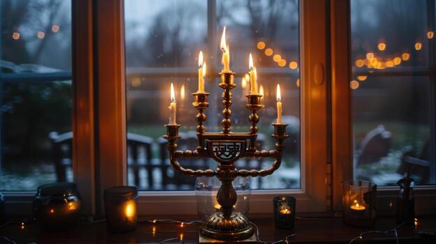 A gold menorah is lit in front of a window photo
