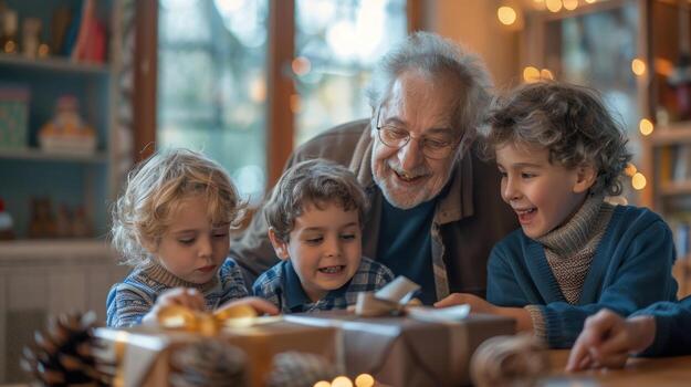 An older man and two children sitting at a table with presents photo