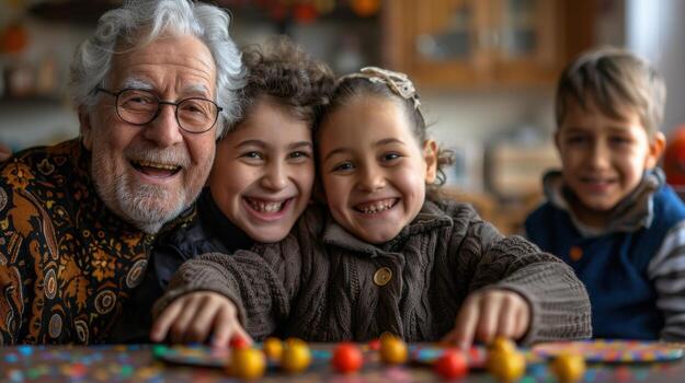 An older man and two children smiling for the camera photo
