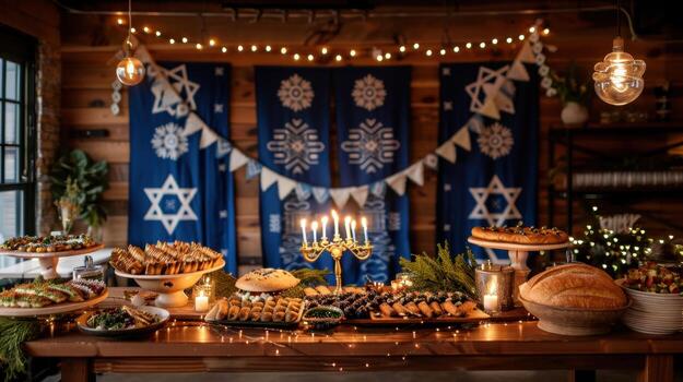A buffet table with a large cake and candles photo