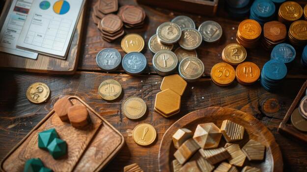 A table with wooden pieces and coins photo