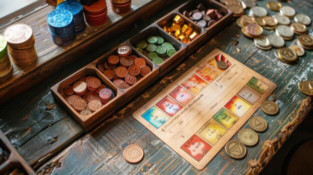 A wooden table with coins and cards on it photo