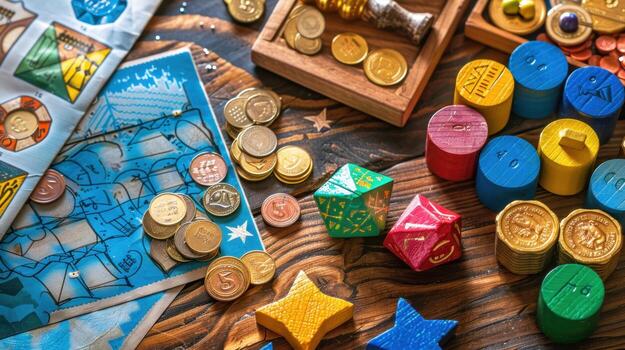 A table with various toys and games photo