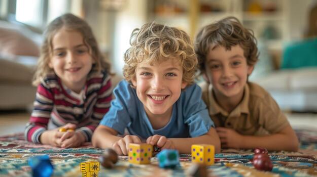 Three children playing with dice on a rug photo