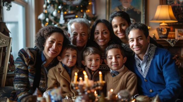 A family poses for a photo in front of a christmas tree