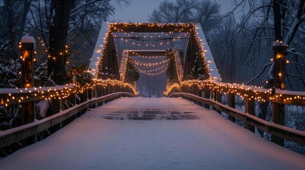 A bridge covered in lights in the snow photo