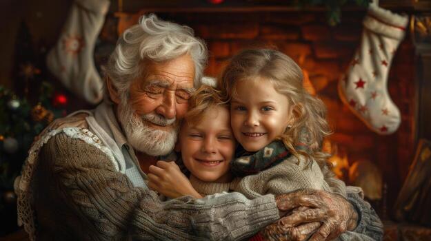 un antiguo hombre y dos niños abrazando en frente de un hogar foto