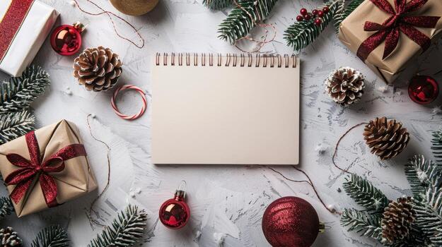 Navidad árbol, regalos, y blanco cuaderno en blanco antecedentes foto