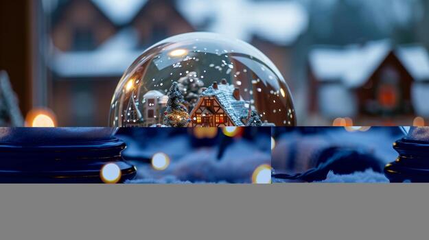A snow globe with a house in the middle and candles on the table photo