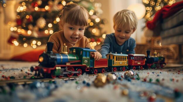 Two children playing with a toy train in front of a christmas tree photo