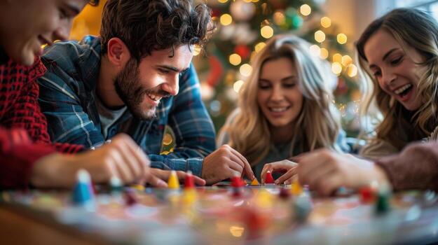 A group of friends playing a board game photo