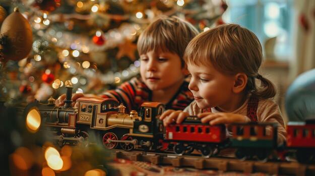 Two children playing with toy train in front of christmas tree photo