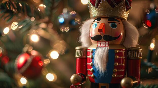 A nutcracker is standing in front of a christmas tree photo