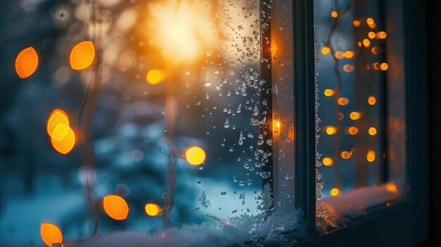 A window with lights on it and snow on the ground photo