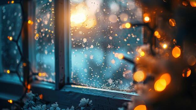 A window with lights and raindrops on it photo