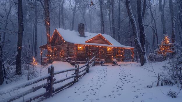 A log cabin in the woods with lights on photo