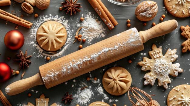 A rolling pin and various cookies and spices on a table photo