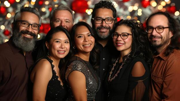 A group of people posing for a photo in front of christmas lights