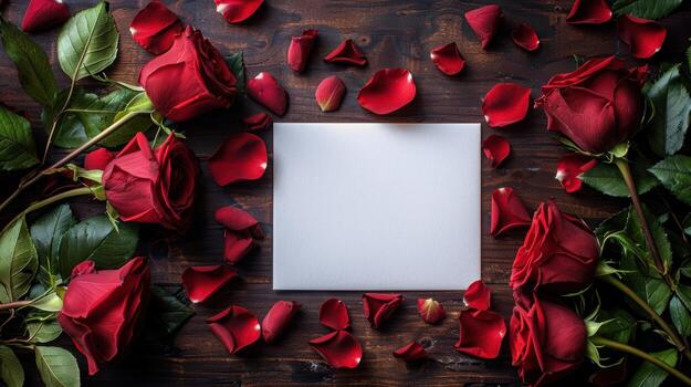 A blank sheet of paper surrounded by red roses photo