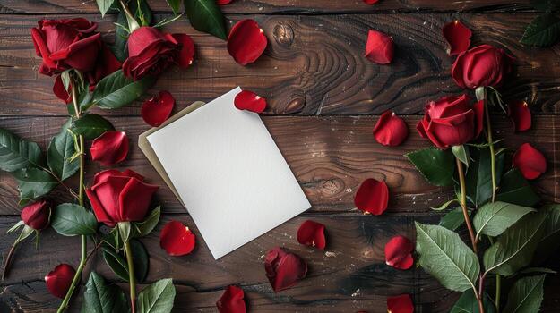 Red roses and a blank card on a wooden background photo