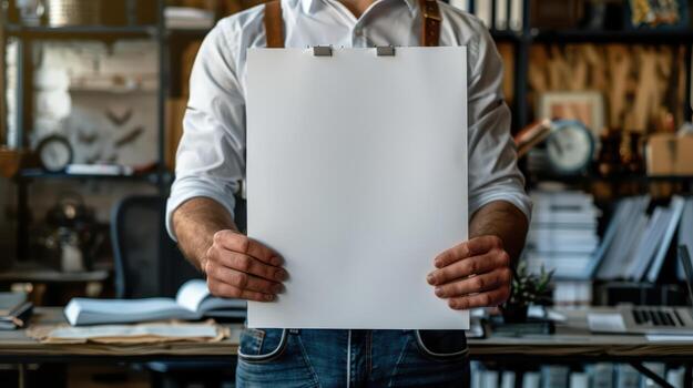 Man holding up blank paper in front of him photo