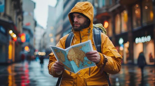 A man in a yellow raincoat is reading a map photo