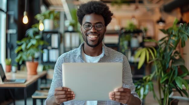 A smiling young man holding a tablet computer photo