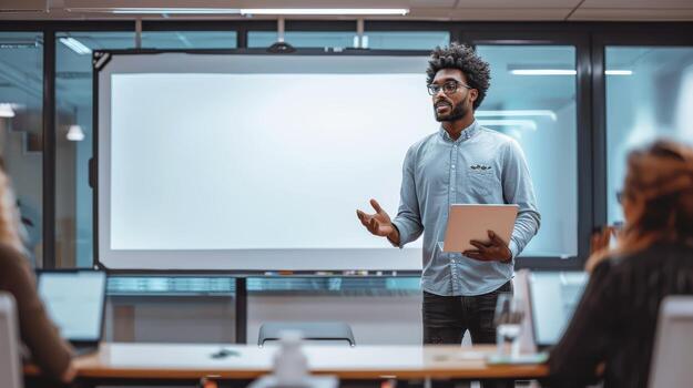 A man is giving a presentation in front of a white board photo
