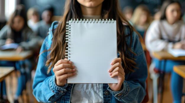 un niña participación arriba un blanco papel en frente de un salón de clases foto