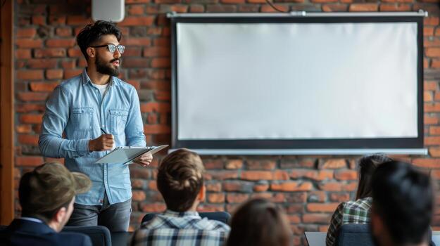 A man is giving a presentation to a group of people photo
