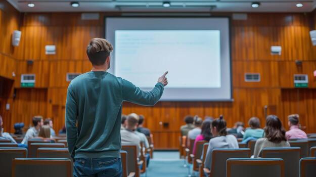 A man is giving a presentation in front of a large audience photo