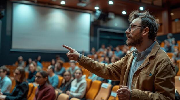A man is giving a lecture in front of an audience photo