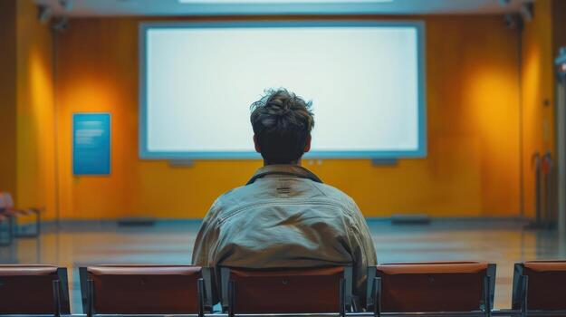 A person sitting in a chair in front of a screen photo