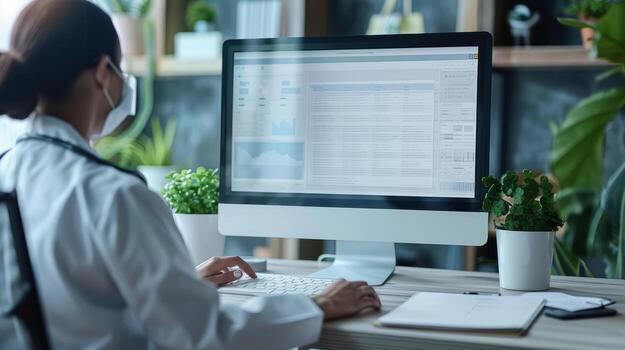 A woman in a white coat is sitting at a desk with a computer screen photo